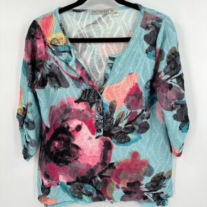 Snoskins Top Womens Small Multi Floral Crinkle 3/4 Sleeve V Neck Button‎ Front